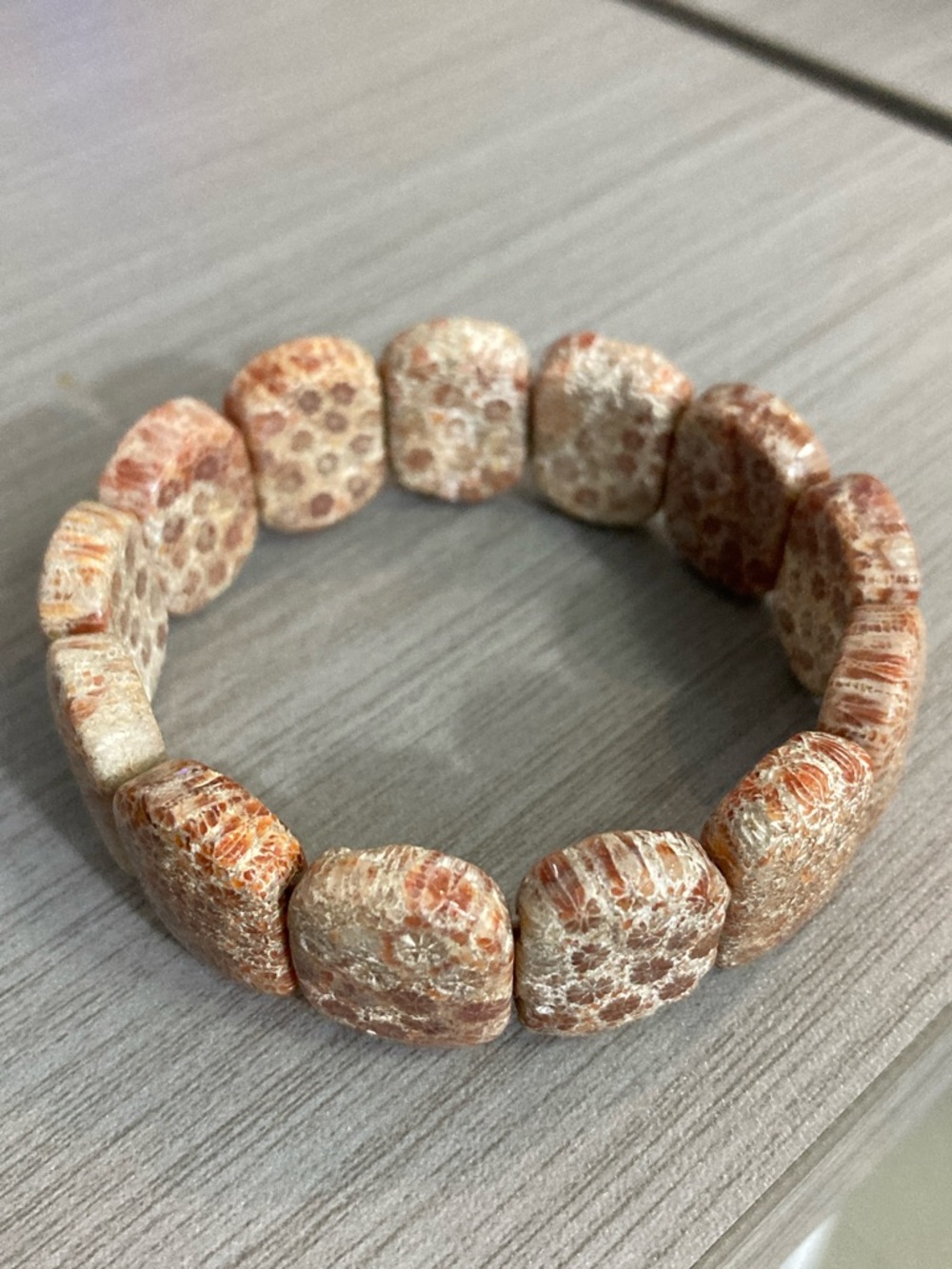 Authentic Natural Fossil Coral Tile Stretch Bracelet - Orange Beige